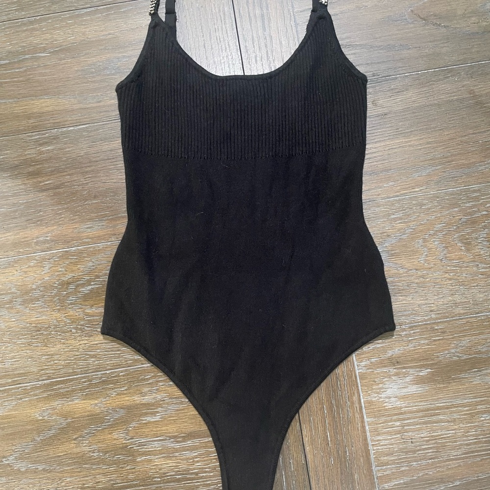 GUESS Black Bodysuit with Rhinestone Straps and Scoop Neckline